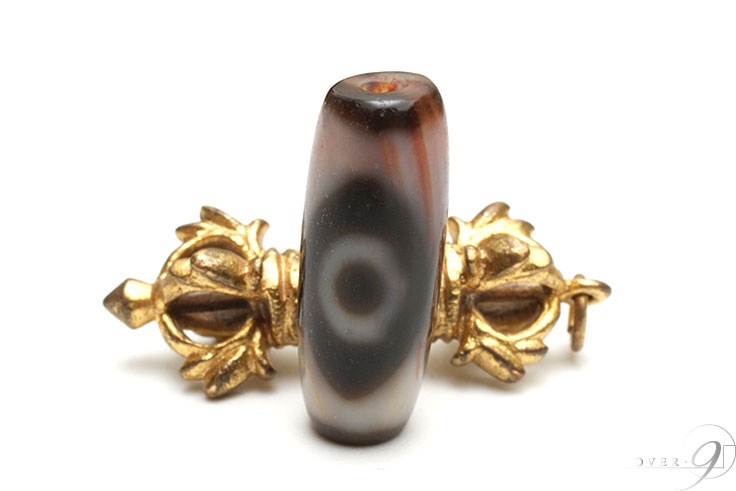 紅朱砂　虎牙三眼 紅朱砂 虎牙三眼天珠 約30mm×11mm】【メール便可】【b】【m】
