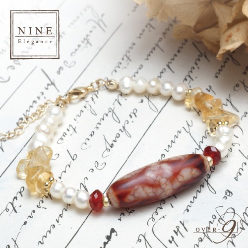 朱砂老礦石天珠×淡水パールブレスレット NINE-Elegance-