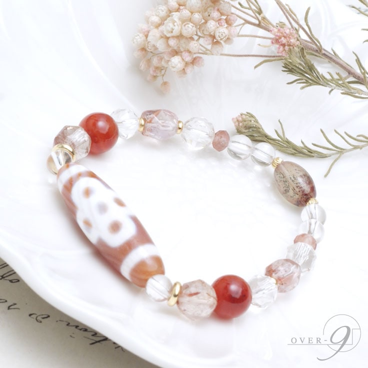 雷鳴の導き/紅朱砂 老玉髄 赤 閃電五眼天珠 ブレスレット【メール便