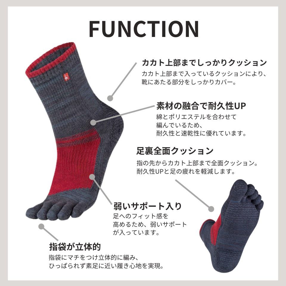 knitido EU ハイキング ハイクルー 5本指ソックス 23-25cm
