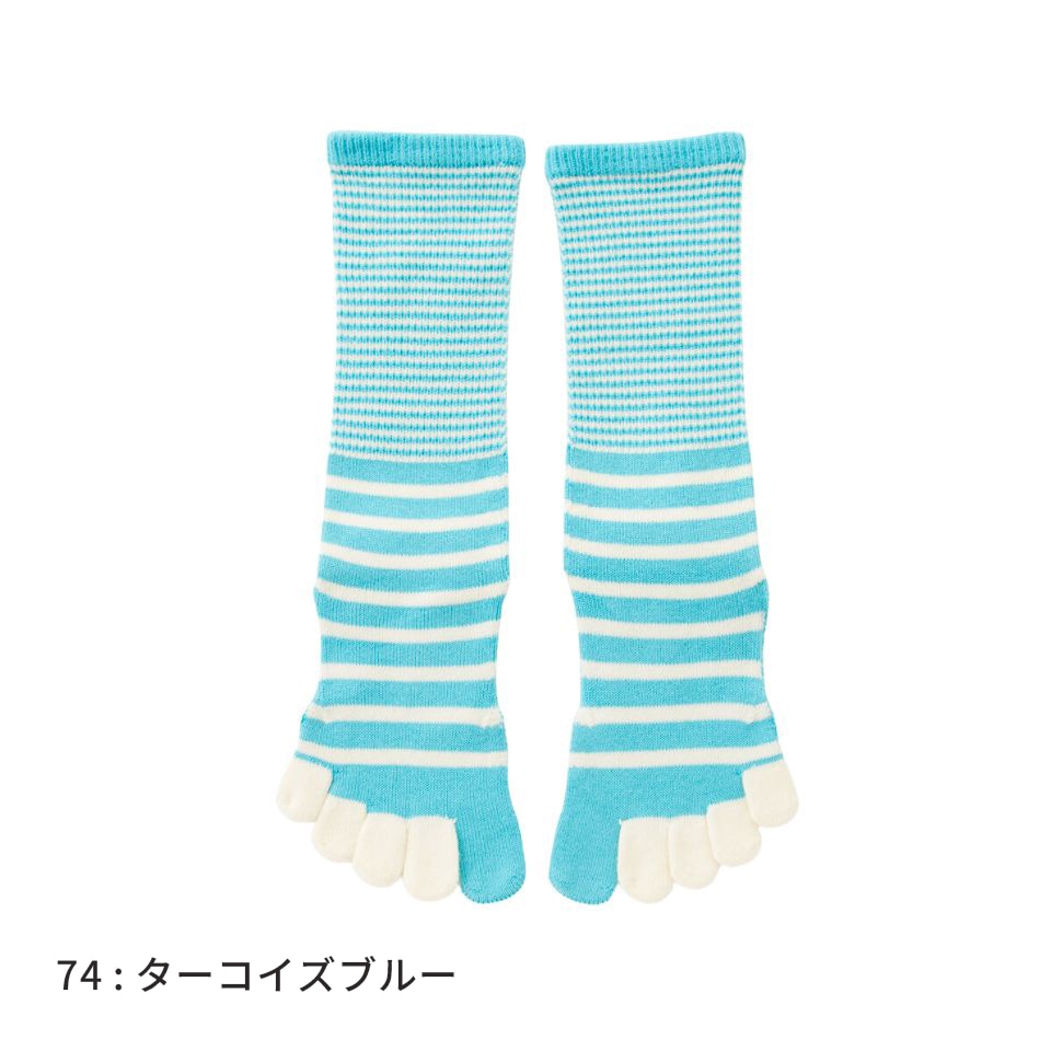knitido ベーシック・エアークッション バイカラーボーダー ハイクルー 5本指ソックス 23-25cm