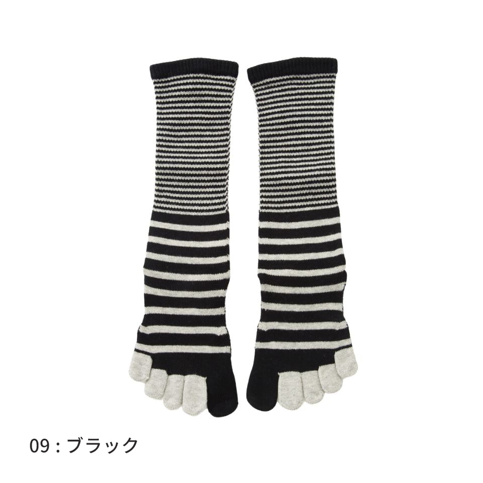 knitido ベーシック・エアークッション バイカラーボーダー ハイクルー 5本指ソックス 23-25cm