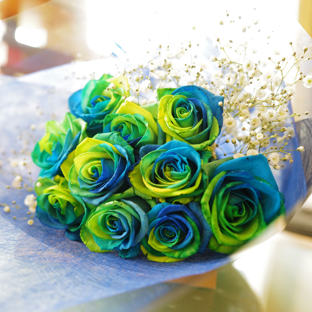 レインボーローズ オーシャン10本の花束 バラ 生花 レインボーローズオーシャン 花束 Roseshop 青いバラ レインボーローズの専門店