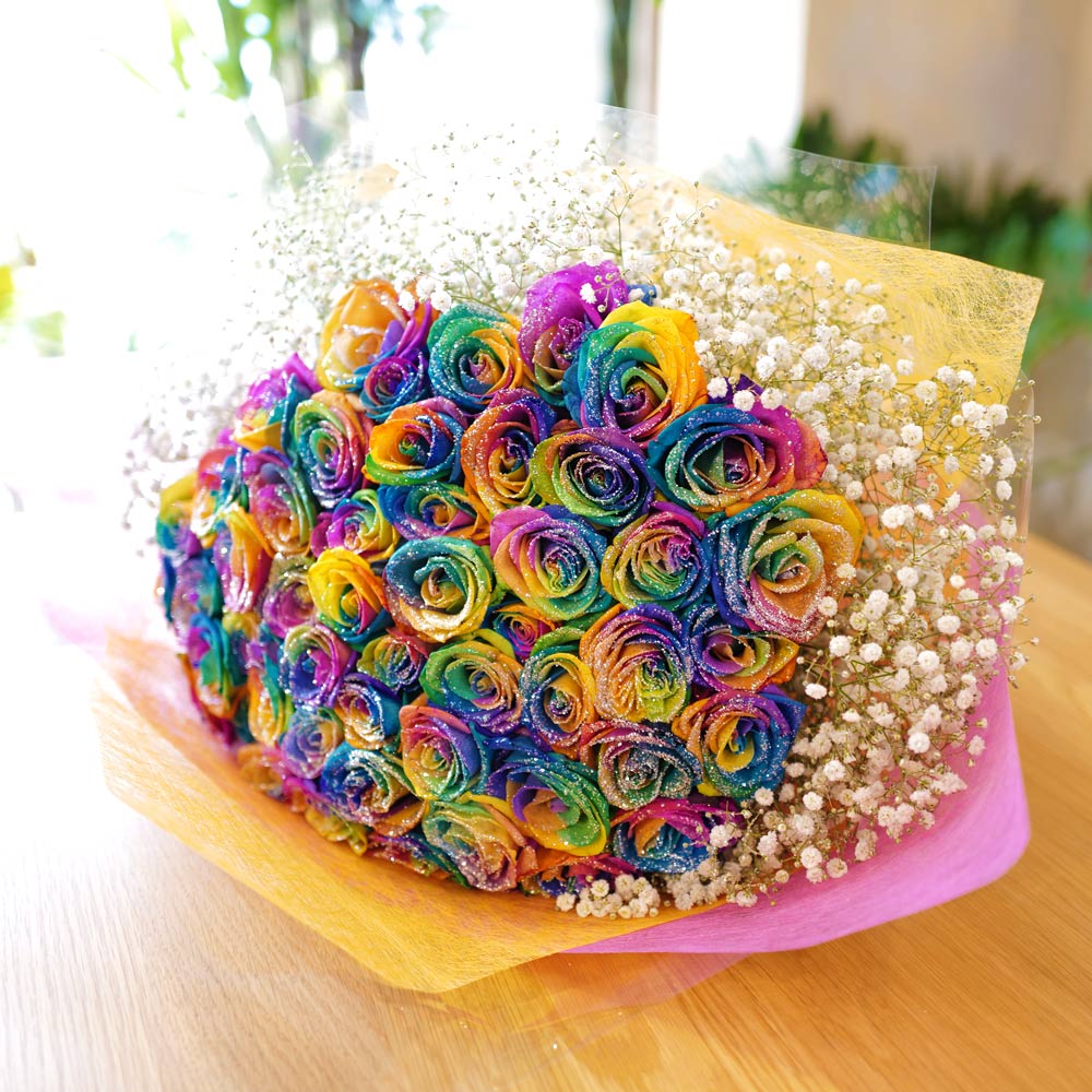キラキラレインボーローズ 50本の花束 | バラ・生花,キラキラ