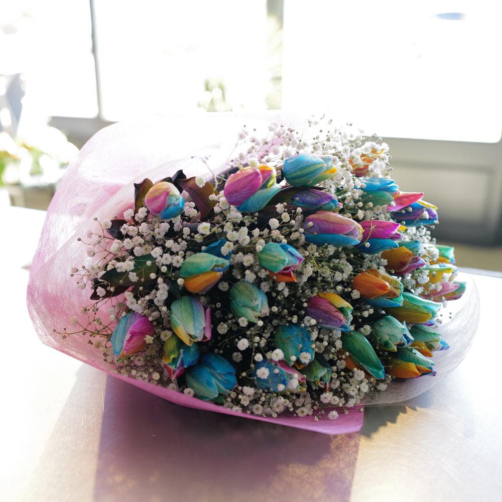 レインボーチューリップ30本とキラキラかすみ草の花束 | SEASON-季節