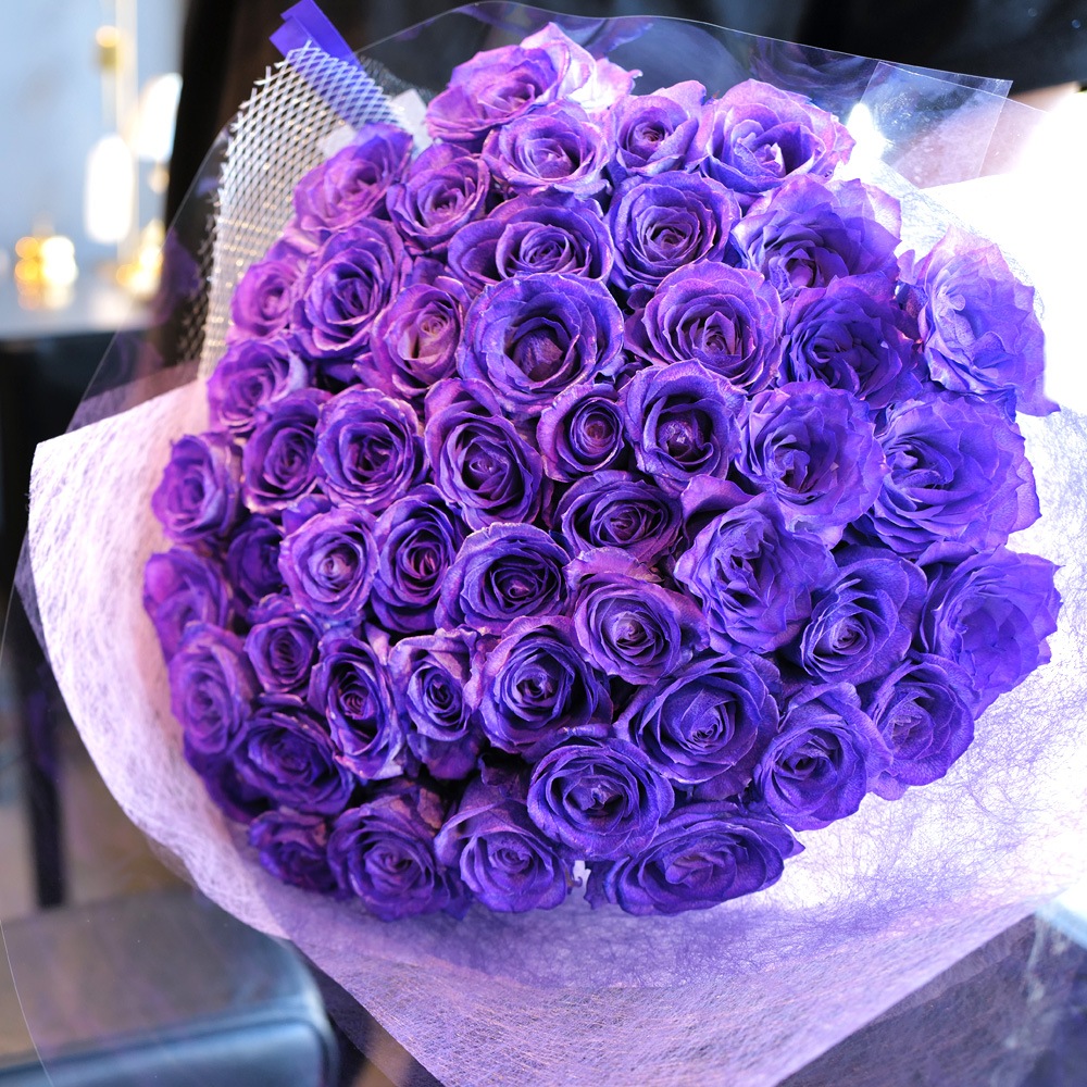 のの★薔薇と紫陽花水色ストライプ蕾最高級綿100%ダブルキング仕立て直し 紫のバラ 50本の花束 | 色から探す,紫,紫のバラ,花束 | ROSESHOP 青い