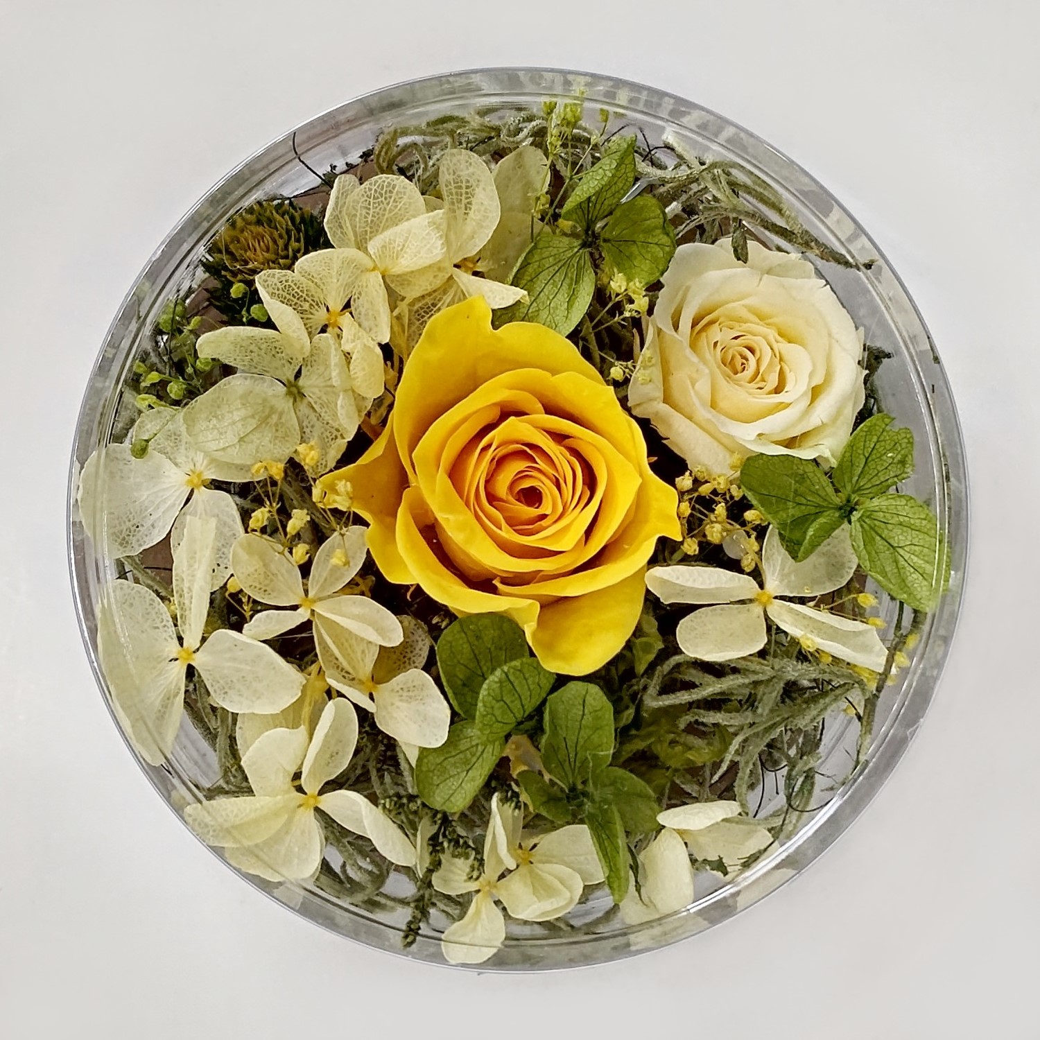 朝茶(47g入)とプリザーブドフラワー(イエロー・グリーン系)とお菓子　ギフトセット 宇治茶 茶葉 誕生日 お誕生日 ホワイトデー