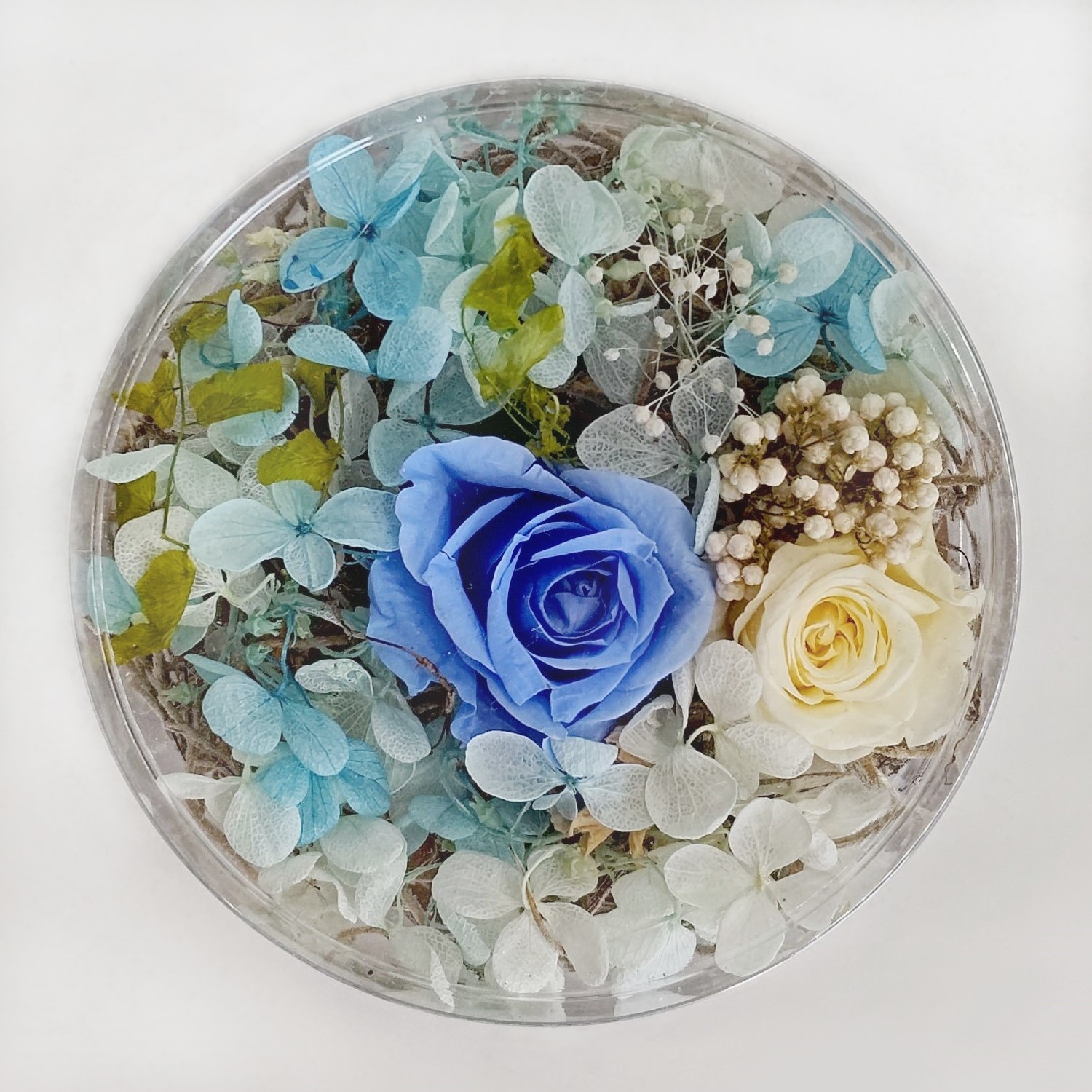 朝茶(47g入)とプリザーブドフラワー(ブルー系)とお菓子　ギフトセット 宇治茶 茶葉 誕生日 お誕生日 バレンタイン