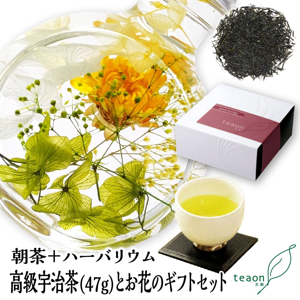 朝茶(47g入)とハーバリウム(イエロー・グリーン系) ギフトセット 宇治茶 茶葉 誕生日 お誕生日 ホワイトデー