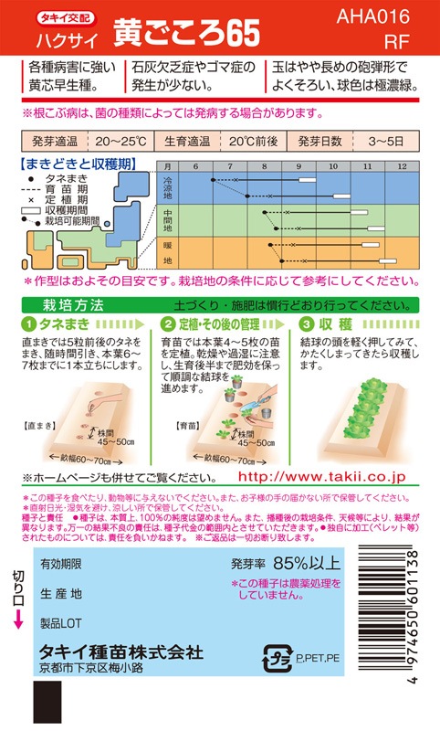 タキイ種苗 ハクサイ種子 黄ごころ65[AHA016]【取り寄せ注文】＊種子
