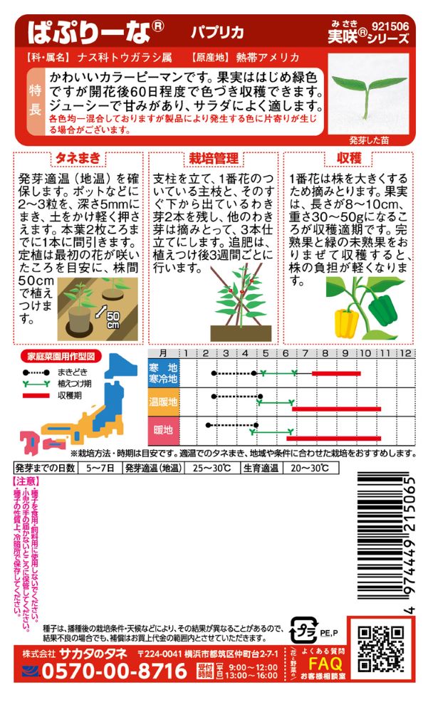 サカタのタネ パプリカ種子 ぱぷりーな【取り寄せ注文】※春のみ商品