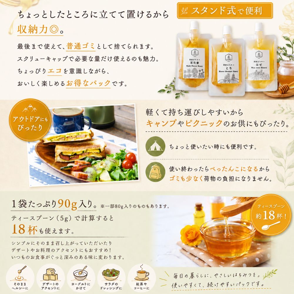 【送料無料】選べる純粋生蜂蜜エコパック5本セット