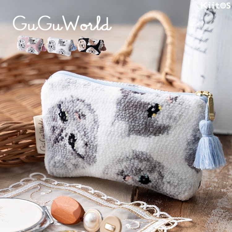 ポーチ 小物入れ 小さめ おしゃれ かわいい 舟形 シェニール織り ブランド グーグーワールド GuGu World 猫 ネコ ファスナー タッセル付き コスメポーチ アクセポーチ キャラクター プレゼント ギフト