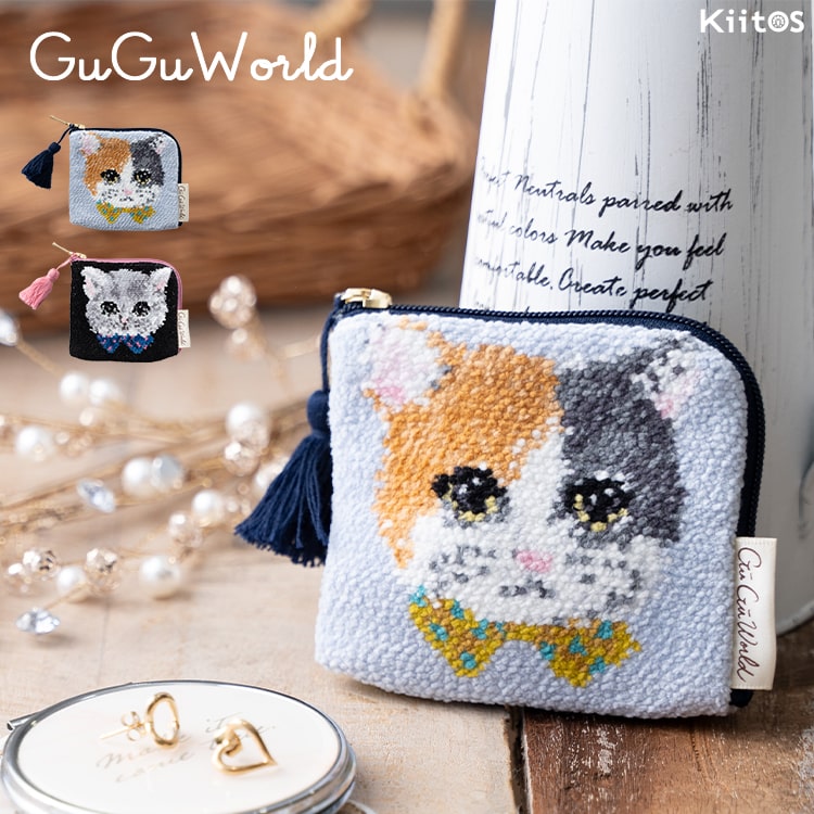 ポーチ 小物入れ 小さめ おしゃれ かわいい シェニール織り ブランド グーグーワールド GuGu World 猫 ネコ l字ファスナー ミニポーチ タッセル付き コスメポーチ アクセポーチ キャラクター プレゼント ギフト