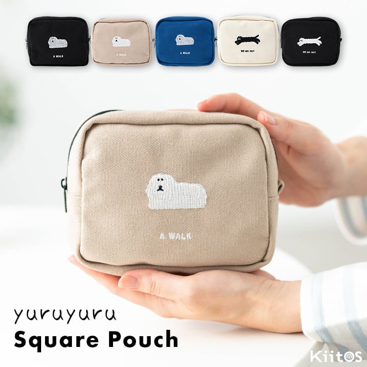 ポーチ 小物入れ 化粧ポーチ コスメポーチ メイクポーチ 小さめ コンパクト 自立 マチあり 綿 コットン 刺繍 アニマル 犬 猫 北欧 ガジェットポーチ イヤホン 薬入れ かわいい おしゃれ 大人 yuruyuru スクエアポーチ プレゼント ギフト
