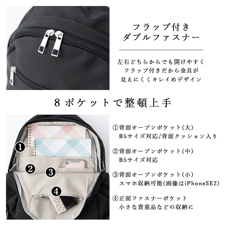 リュック レディース 軽量 撥水 b5 通勤 通学 8ポケット 大容量