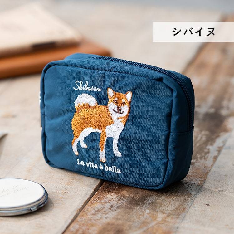 ポーチ 小物入れ 刺繍 アニマル 動物 かわいい おしゃれ 自立 仕切り 大きめ 化粧ポーチ コスメポーチ マチあり スクエア 長方形 旅行 プレゼント ギフト