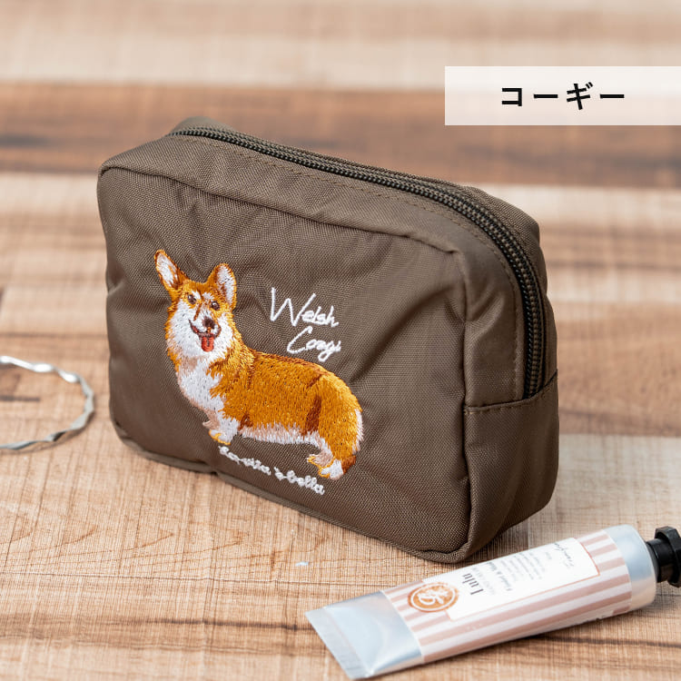 ポーチ 小物入れ 刺繍 アニマル 動物 かわいい おしゃれ 自立 仕切り 大きめ 化粧ポーチ コスメポーチ マチあり スクエア 長方形 旅行 プレゼント ギフト