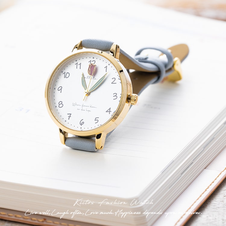 腕時計 レディース フラワー モチーフ針 花 ウォッチ かわいい おしゃれ ブランド 代 30代 40代 見やすい 日本製ムーブメント プレゼント ギフト 1年間のメーカー保証付き メール便送料無料 腕時計 ベルトタイプ 合皮ベルト 神戸岡本kiitos