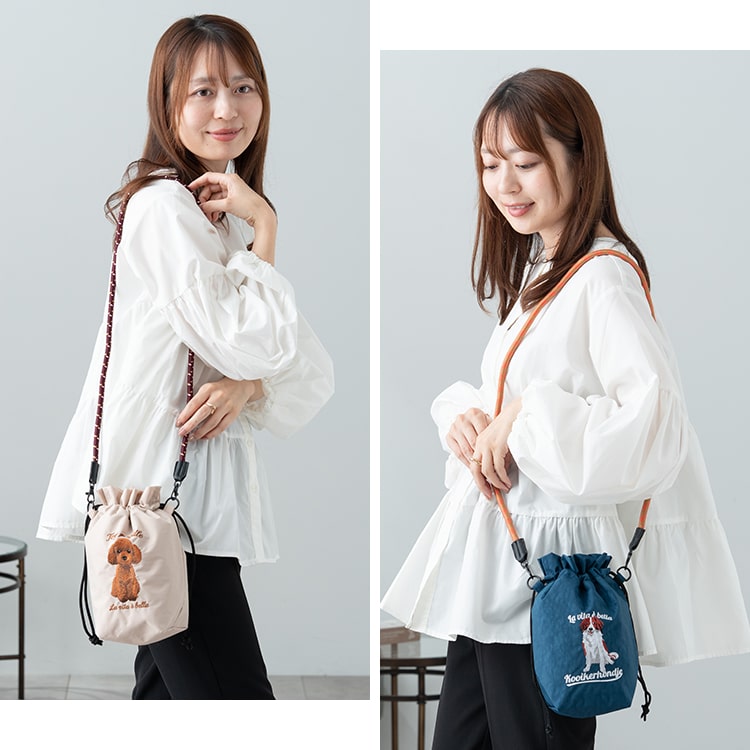 ショルダーバッグ レディース 小さめ 動物 アニマル 刺繍 巾着 斜め掛け おしゃれ 大人 かわいい 犬 散歩バッグ ペットボトル 軽量 ナイロン 通勤 通学 学生 仕事 プレゼント ギフト