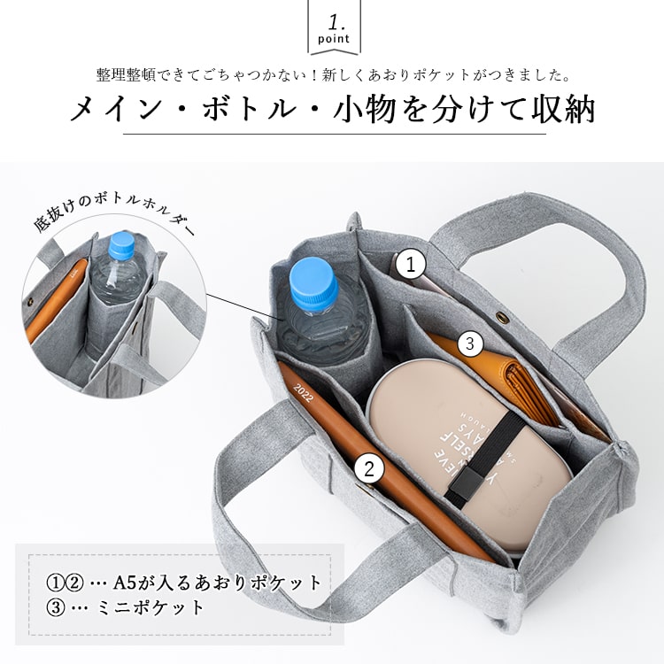 【リニューアル】トートバッグ レディース 小さめ 仕切り ミニトートバッグ ランチバッグ キャンバス 綿 サブバッグ 通勤 通学 自立 軽量 布 コットン ペットボトル マチ広 マチあり a5 かわいい おしゃれ 大人 リサイクル素材 無地 プレゼント ギフト