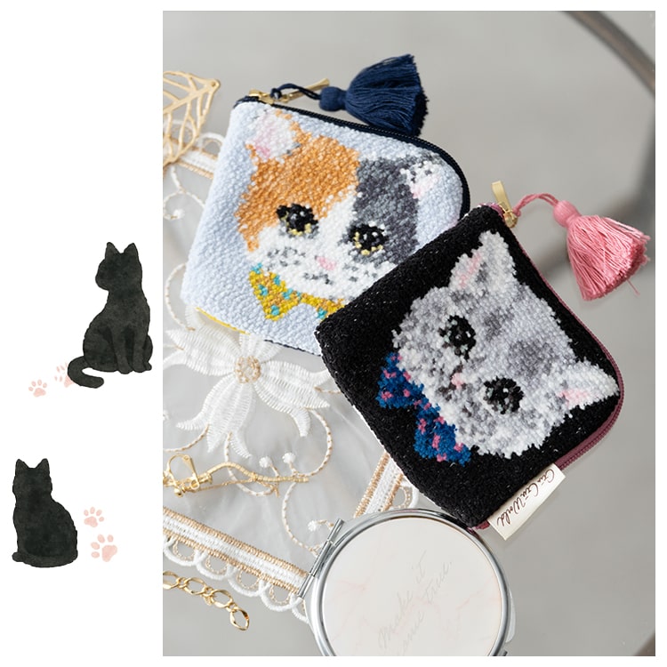 ポーチ 小物入れ 小さめ おしゃれ かわいい シェニール織り ブランド グーグーワールド GuGu World 猫 ネコ l字ファスナー ミニポーチ タッセル付き コスメポーチ アクセポーチ キャラクター プレゼント ギフト