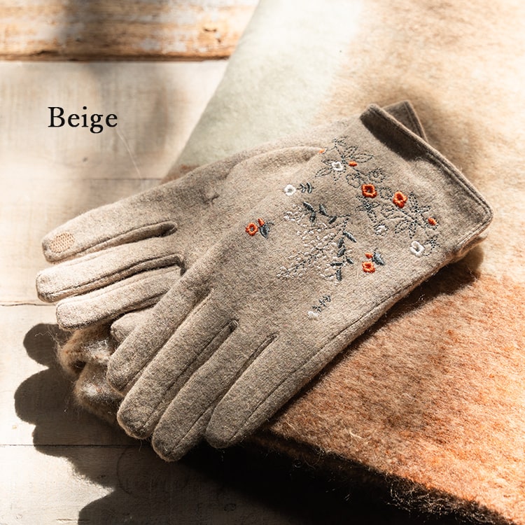 手袋 レディース ウール スマホ対応 刺繍 防寒 かわいい おしゃれ 大人 暖かい 防風 自転車 裏シャギー ボア フリース ナチュラル きれいめ カジュアル あったか タッチパネル対応 秋 冬 プレゼント ギフト メール便送料無料