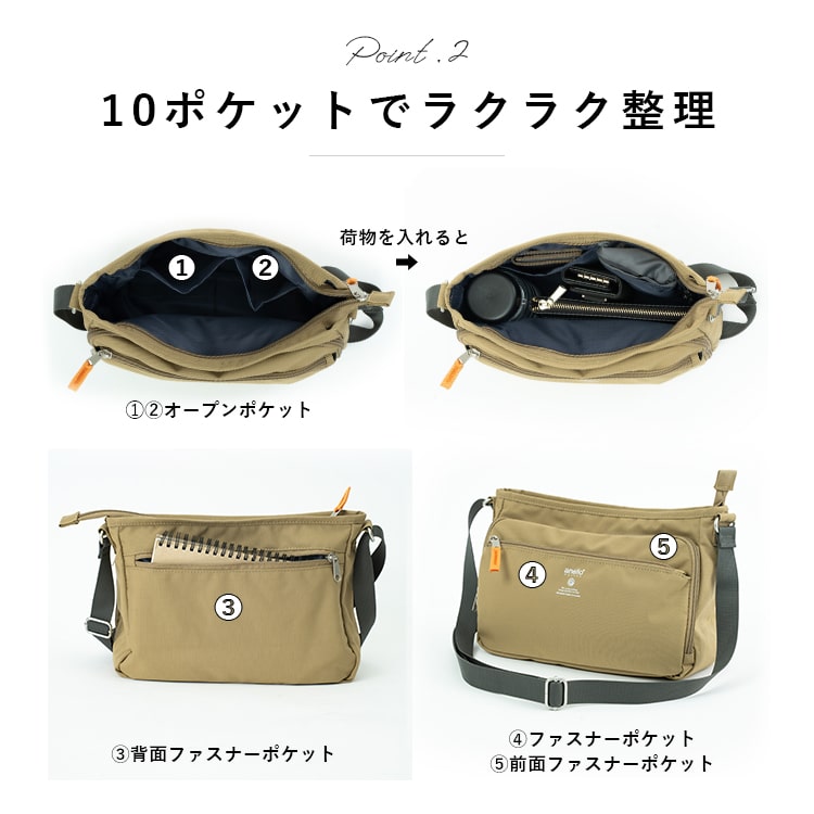 ショルダーバッグ レディース 斜め掛け 大人 小さめ anello アネロ 両面撥水加工 10ポケット 軽量 かわいい おしゃれ 大人 多機能 多収納 通勤 通学 旅行 プレゼント ギフト
