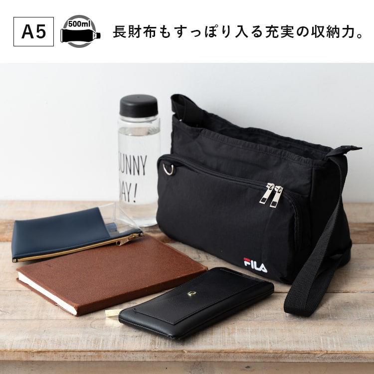 ショルダーバッグ レディース 斜め掛け ブランド フィラ FILA 撥水 大人 上品 軽量 大きめ 30代 40代 50代 60代 ペットボトル 犬 散歩 通勤 通学 ナイロン かわいい おしゃれ a5 プレゼント ギフト