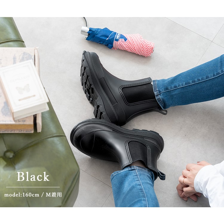 レインブーツ レディース 厚底 サイドゴア 長靴 ショート 防水 歩きやすい 自転車 大人 おしゃれ かわいい 滑りにくい 4cmヒール 履きやすい 雪用 アウトドア ボリュームソール 23.5cm 24.5cm M L 雨晴れ兼用