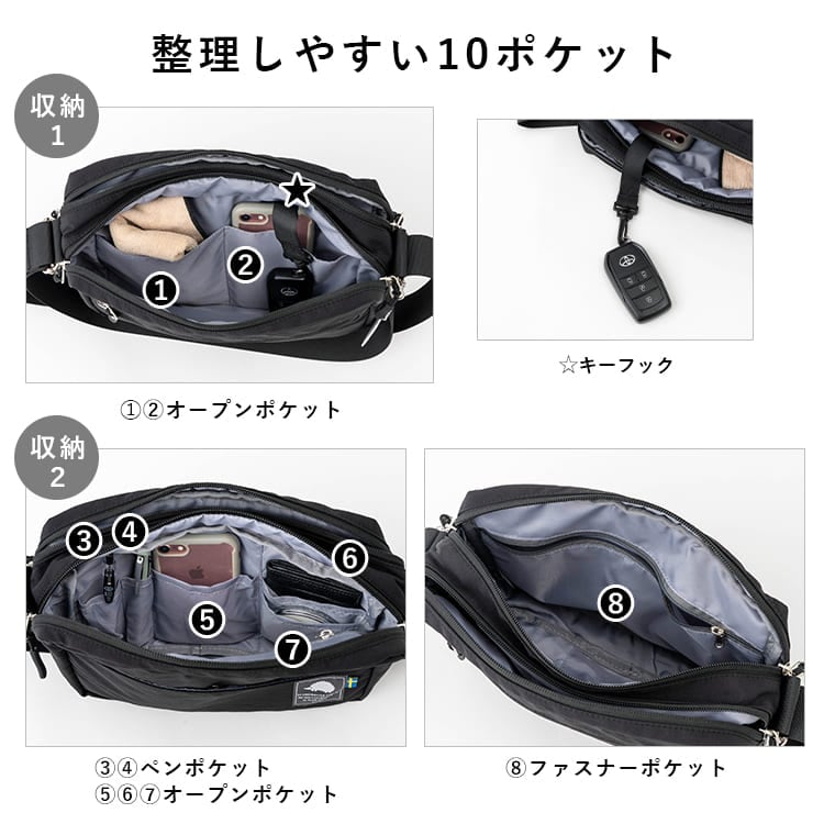 ショルダーバッグ レディース 斜め掛け スカンジナビアンフォレスト ブランド 大人 軽量 かわいい おしゃれ 小さめ 撥水 ナイロン 10ポケット 2層 仕切り サブバッグ 旅行 北欧 通勤 通学 ファスナー付き プレゼント ギフト