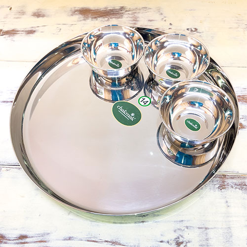 Chakmak インド食器セット カトリ(銀装飾)3個 ターリー(銀装飾)1枚セット