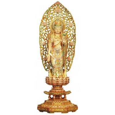 【寺院用】 仏像 聖観音菩薩立像 拓殖製 八角台座 淡彩色入割寸7寸(21cm) 