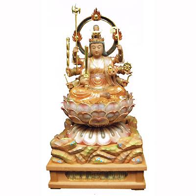【寺院用】 仏像 八臂弁財天座像 紅桧製 岩台座 淡彩色 切金入割寸5寸(15cm) 