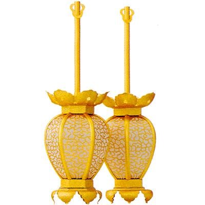 【在家用/仏壇用】吊灯篭 陰雲型 一対 真鍮製 消し金(消しメッキ) 中 きんとうろう/かなとうろう/灯籠/燈篭/燈籠 