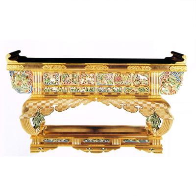【寺院用】 前卓 西用 六鳥型 本金箔押 裏黒 框箱金具打 彫極彩色 天巾5尺(150cm) 別上品(カシュー塗) 