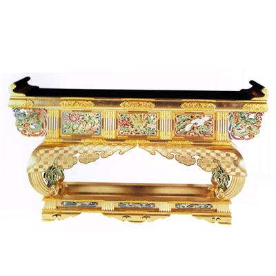 【寺院用】 前卓 西用 三鳥型 本金箔押 裏黒 框箱金具打 彫極彩色 天巾5尺(150cm) 別上品(カシュー塗) 