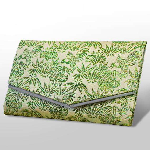 【在庫限り】マチ付き数珠袋 約15×9cm  オーロラ織 桐笹 緑色 女性用 数珠袋 数珠入れ グリーン