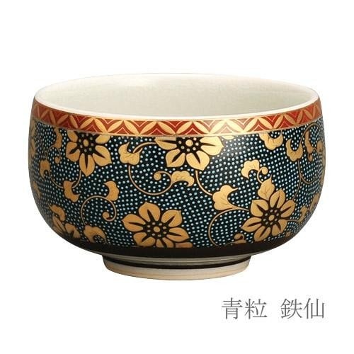 日本製 高茶台セット 黒(フチ金) 九谷焼茶碗付(青粒鉄仙/白粒鉄仙) 5.0