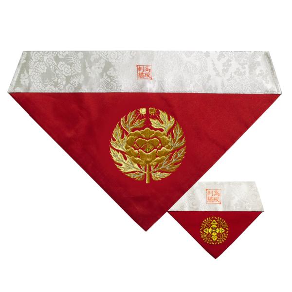 冬用 三角打敷 人絹塩瀬(赤) 高級刺繍[宗紋：西/東/仏光寺派/高田派