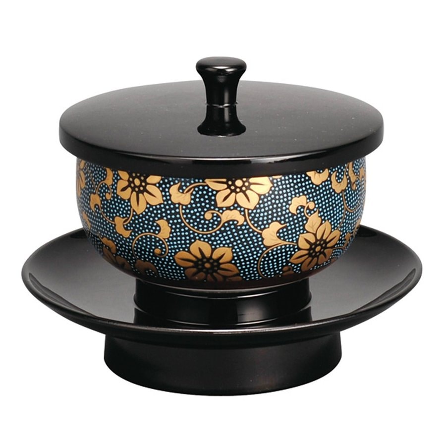 日本製】穴あき茶托セット 黒 九谷焼茶碗付(青粒鉄仙/白粒鉄仙