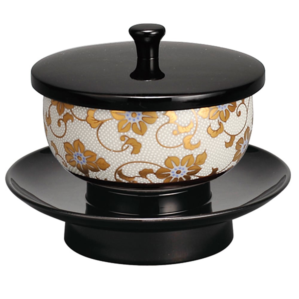 日本製】穴あき茶托セット 黒 九谷焼茶碗付(青粒鉄仙/白粒鉄仙) 4.2寸