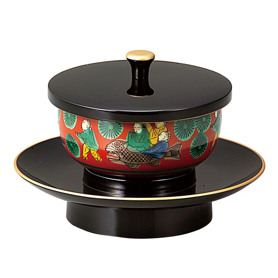 日本製】穴あき茶托セット 黒(フチ金) 九谷焼茶碗付(木米/山水) 4.2寸