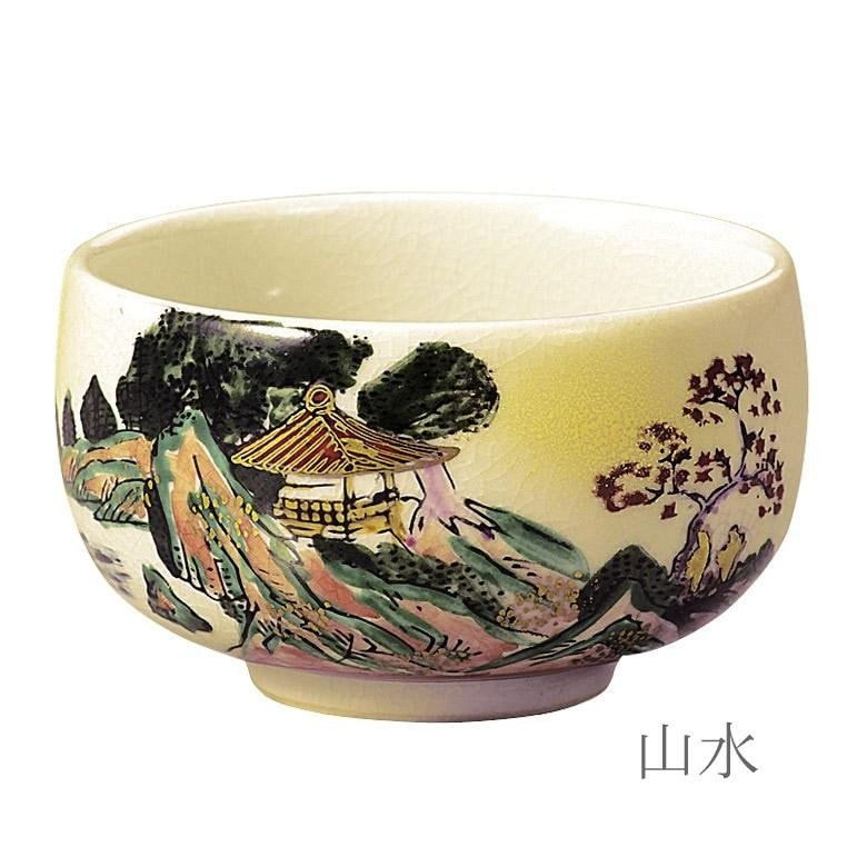 日本製】穴あき茶托セット 黒(フチ金) 九谷焼茶碗付(木米/山水) 4.2寸
