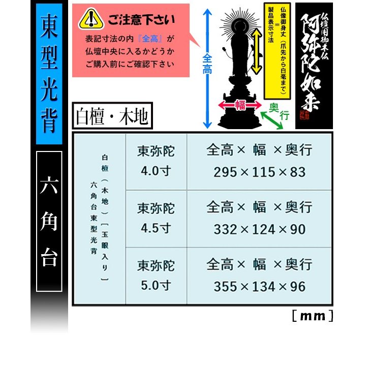 【香華堂特撰●仏壇用御仏像】【浄土真宗(東)用】 東弥陀 白檀製(木地) [玉眼入り] 4.5寸 東型光背 六角台 [全高332×幅124×奥行90mm] 真宗大谷派/阿弥陀如来/阿弥陀立像 