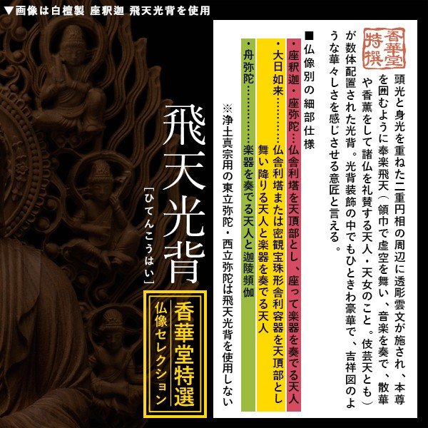 【香華堂特撰●仏壇用御仏像】【禅宗用】 座釈迦 白檀製(木地) [玉眼入り] 2.5寸 飛天光背 八角台 [全高257×幅120×奥行113mm] 釈迦如来/釈迦牟尼仏/釈迦座像/釈迦坐像 