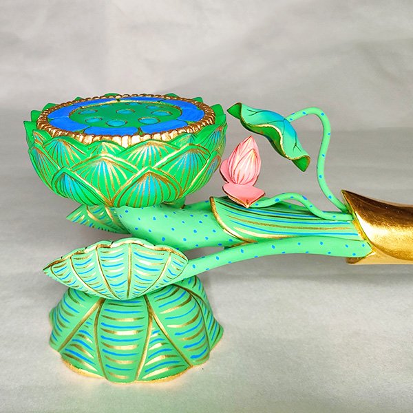 仏教美術 銅 蓮花 持香炉 蓮燭台 二件(K-LC970) 仏教美術 銅 蓮花 持