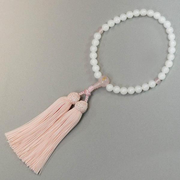 女性用 片手数珠 【干支の守り本尊入り数珠】 白オニキス 8ミリ ローズ