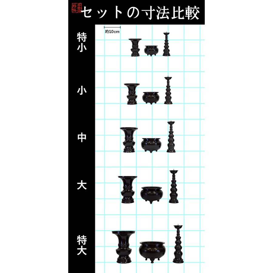 高岡製】真鍮色付三具足 サイズ：特小 設置場所の横巾：8寸(24cm)前後
