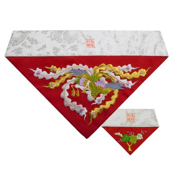 冬用 三角打敷 人絹塩瀬(赤) 高級刺繍[鳳凰]【前卓用+上卓用】京寸100代(総幅 約42.5cm)=名古屋寸50代 